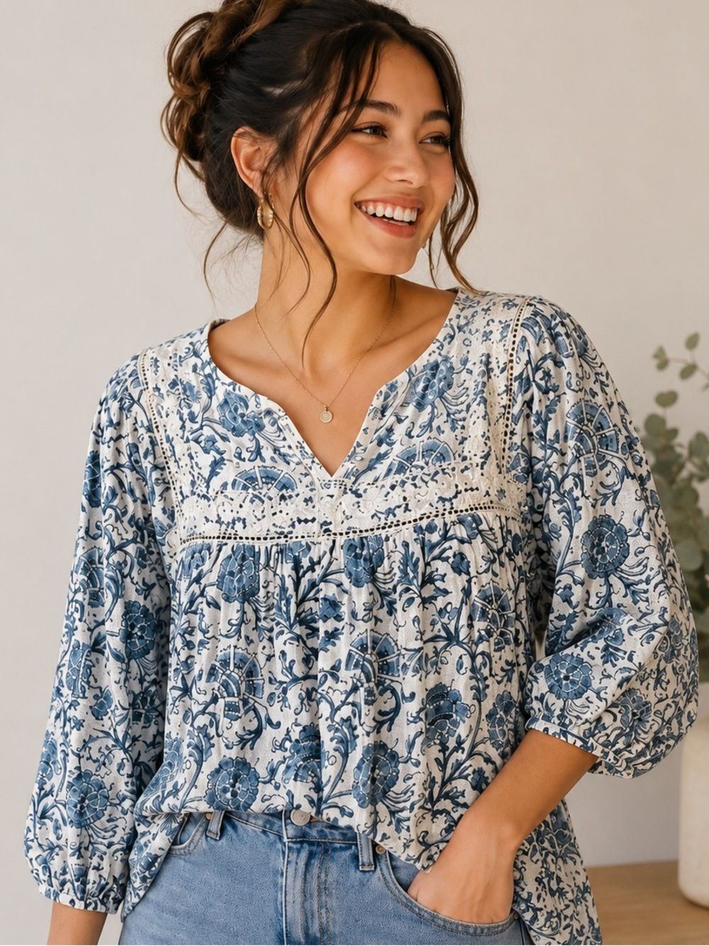 Ralph Lauren Denim & Supply Blue Floral Peasant Blouse | Crochet Lace | Boho